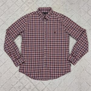 John Varvatos Shirt Mens M Red Burgundy Plaid Button Up Cotton Casual Office USA